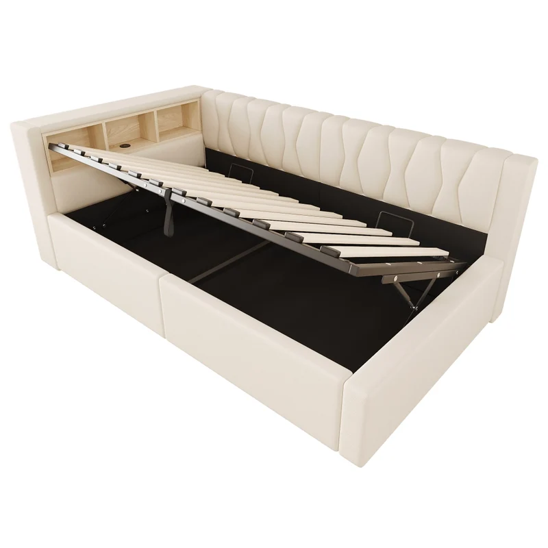 Letto singolo 90x200 cm beige con contenitore idraulico; LED dimmerabile e mensole