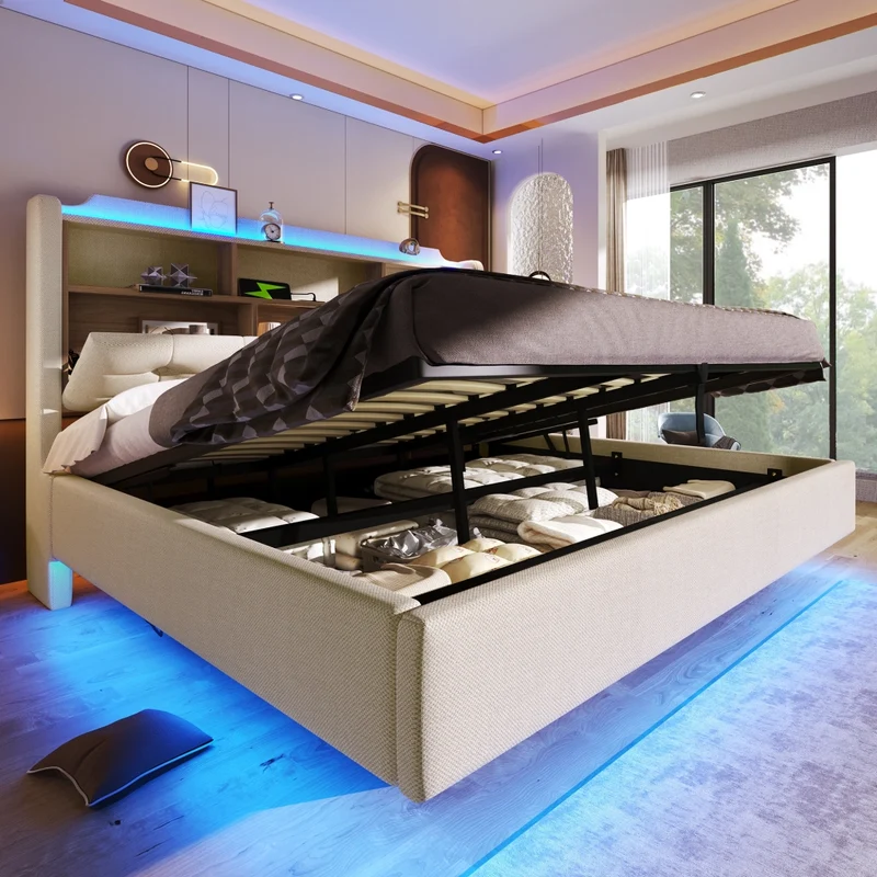 Letto matrimoniale imbottito 180x200 beige con contenitore idraulico; LED multicolore e design sospeso