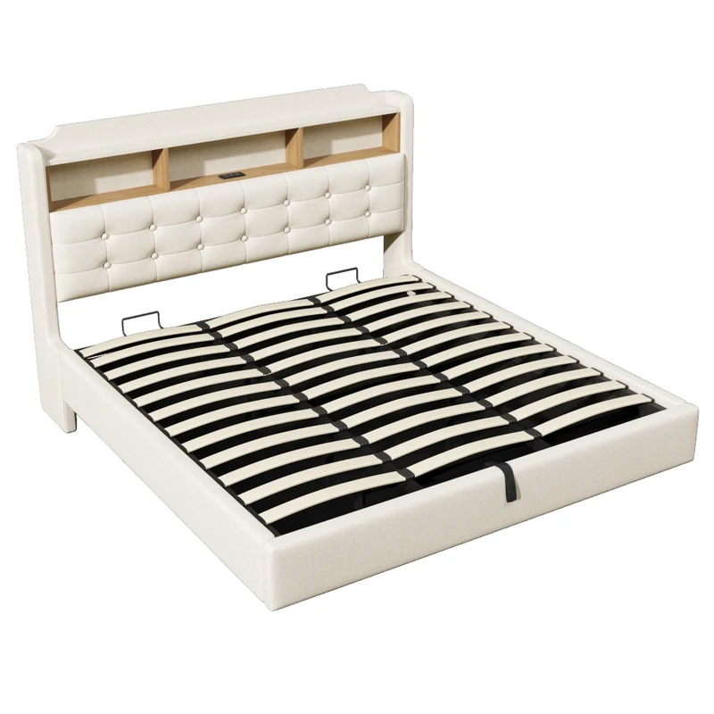 Letto matrimoniale imbottito 180x200 beige con contenitore idraulico; LED multicolore e design sospeso