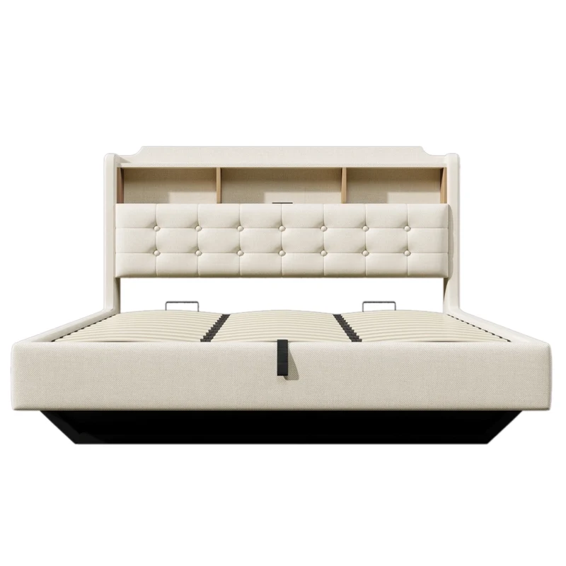 Letto matrimoniale imbottito 180x200 beige con contenitore idraulico; LED multicolore e design sospeso