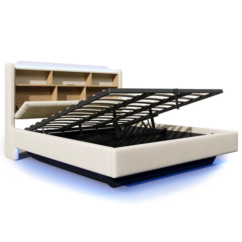 Letto matrimoniale imbottito 180x200 beige con contenitore idraulico; LED multicolore e design sospeso