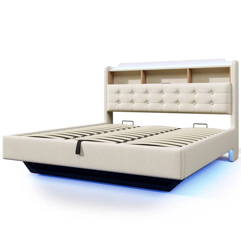Letto matrimoniale imbottito 180x200 beige con contenitore idraulico; LED multicolore e design sospeso