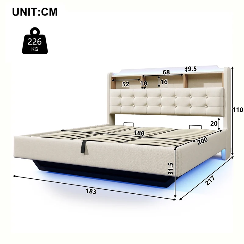 Letto matrimoniale imbottito 180x200 beige con contenitore idraulico; LED multicolore e design sospeso