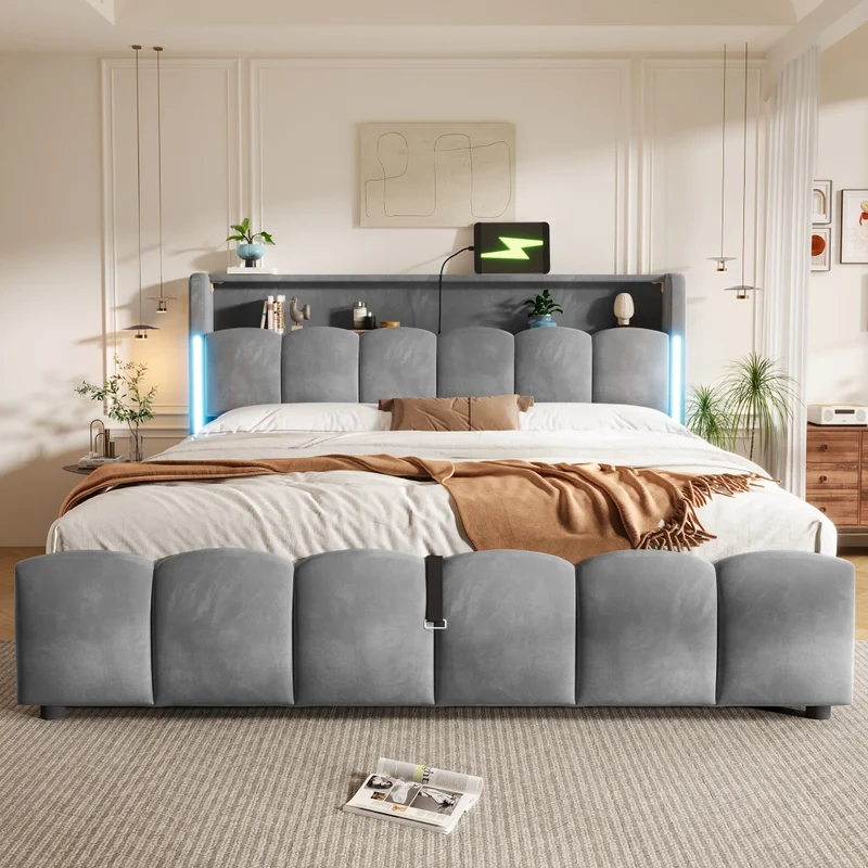 Letto imbottito 180x200 cm in velluto grigio con LED; contenitore e porte USB