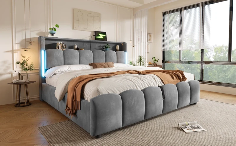 Letto imbottito 180x200 cm in velluto grigio con LED; contenitore e porte USB