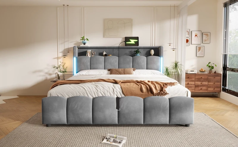 Letto imbottito 180x200 cm in velluto grigio con LED; contenitore e porte USB