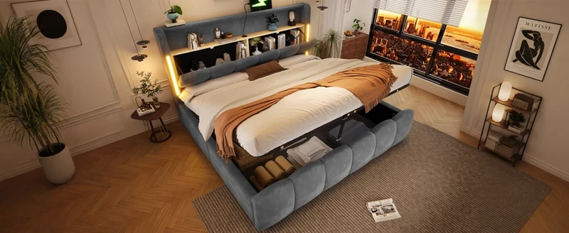 Letto imbottito 180x200 cm in velluto grigio con LED; contenitore e porte USB
