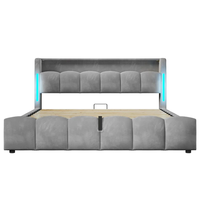Letto imbottito 180x200 cm in velluto grigio con LED; contenitore e porte USB