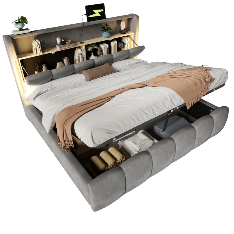 Letto imbottito 180x200 cm in velluto grigio con LED; contenitore e porte USB