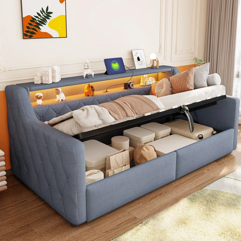 Letto singolo 90x200 con contenitore idraulico; LED multicolore; porte USB e USB-C; rivestimento in lino grigio
