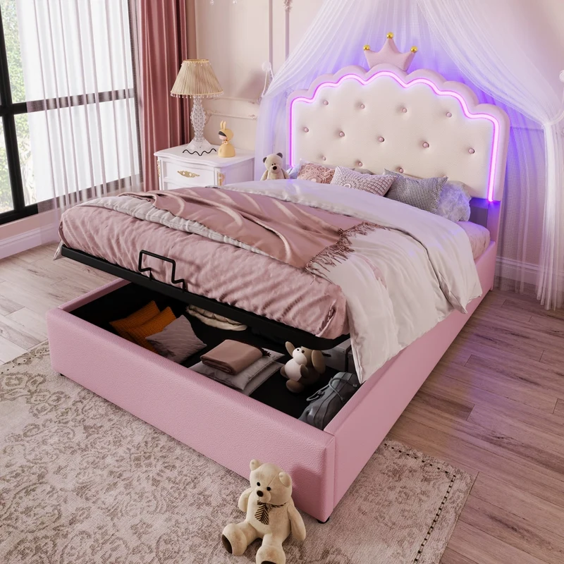 Letto imbottito rosa 140x200 cm con testiera a corona; rete a doghe e contenitore idraulico