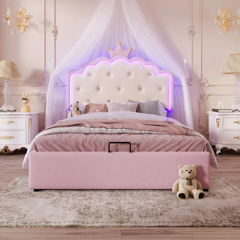 Letto imbottito rosa 140x200 cm con testiera a corona; rete a doghe e contenitore idraulico