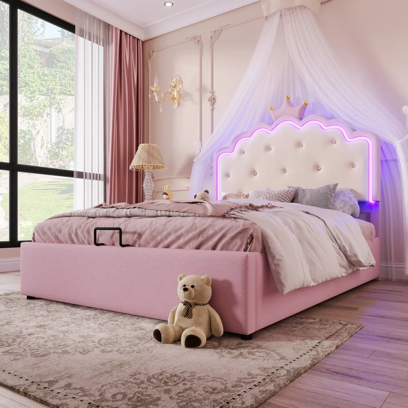 Letto imbottito rosa 140x200 cm con testiera a corona; rete a doghe e contenitore idraulico