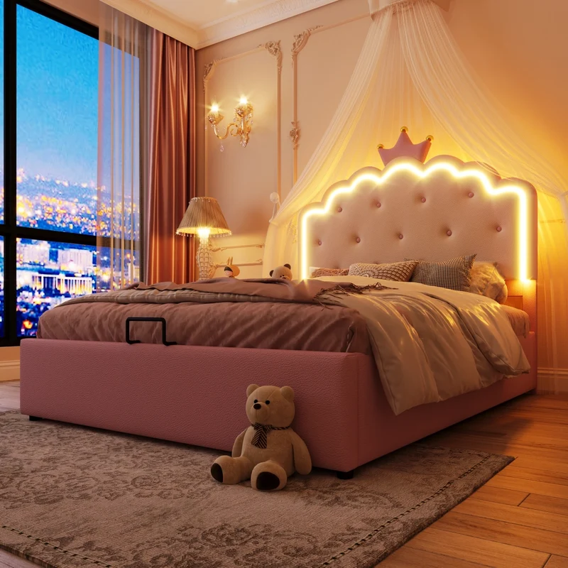 Letto imbottito rosa 140x200 cm con testiera a corona; rete a doghe e contenitore idraulico