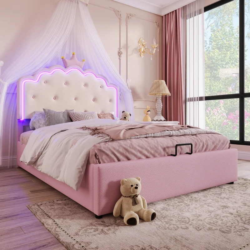 Letto imbottito rosa 140x200 cm con testiera a corona; rete a doghe e contenitore idraulico