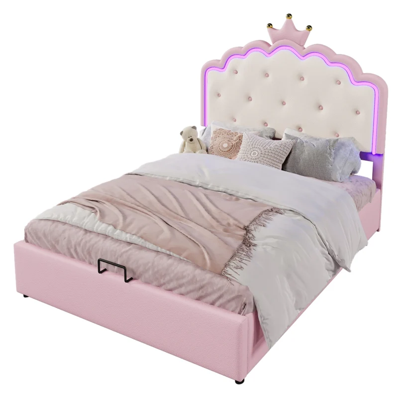 Letto imbottito rosa 140x200 cm con testiera a corona; rete a doghe e contenitore idraulico
