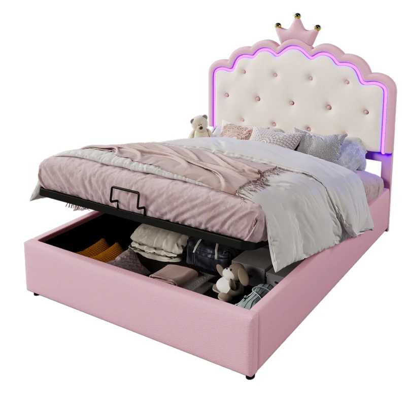 Letto imbottito rosa 140x200 cm con testiera a corona; rete a doghe e contenitore idraulico