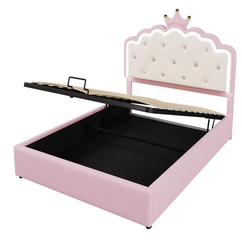 Letto imbottito rosa 140x200 cm con testiera a corona; rete a doghe e contenitore idraulico