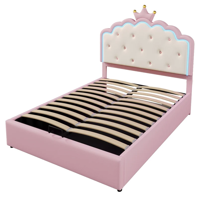 Letto imbottito rosa 140x200 cm con testiera a corona; rete a doghe e contenitore idraulico