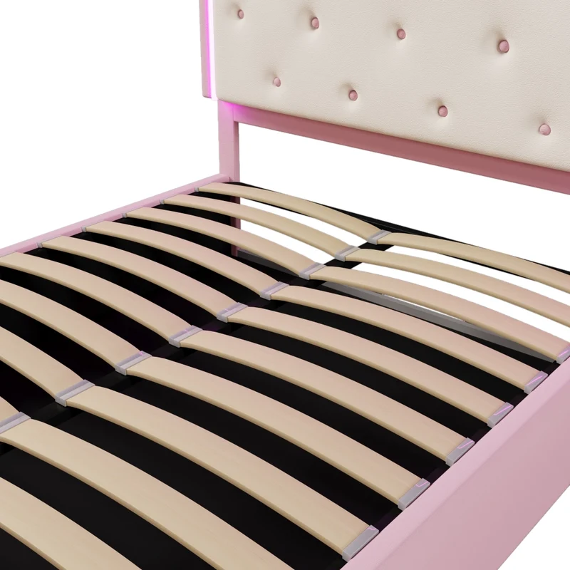 Letto imbottito rosa 140x200 cm con testiera a corona; rete a doghe e contenitore idraulico