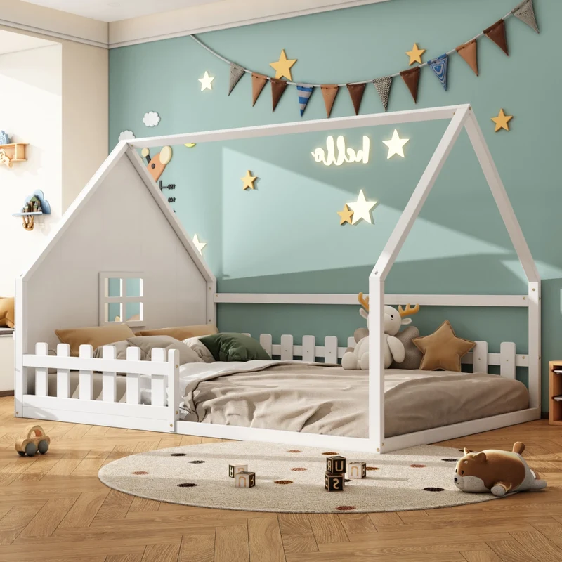 Letto casetta per bambini 140x200 cm in pino e MDF; bianco; con sponda protettiva