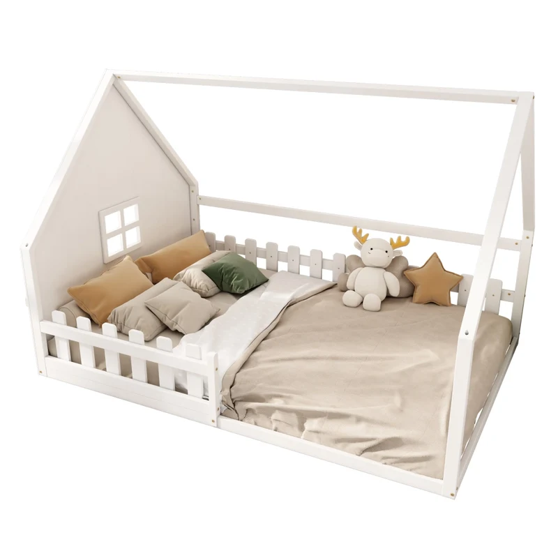 Letto casetta per bambini 140x200 cm in pino e MDF; bianco; con sponda protettiva