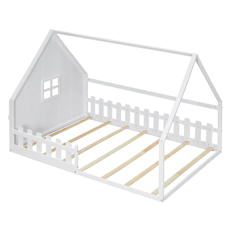 Letto casetta per bambini 140x200 cm in pino e MDF; bianco; con sponda protettiva