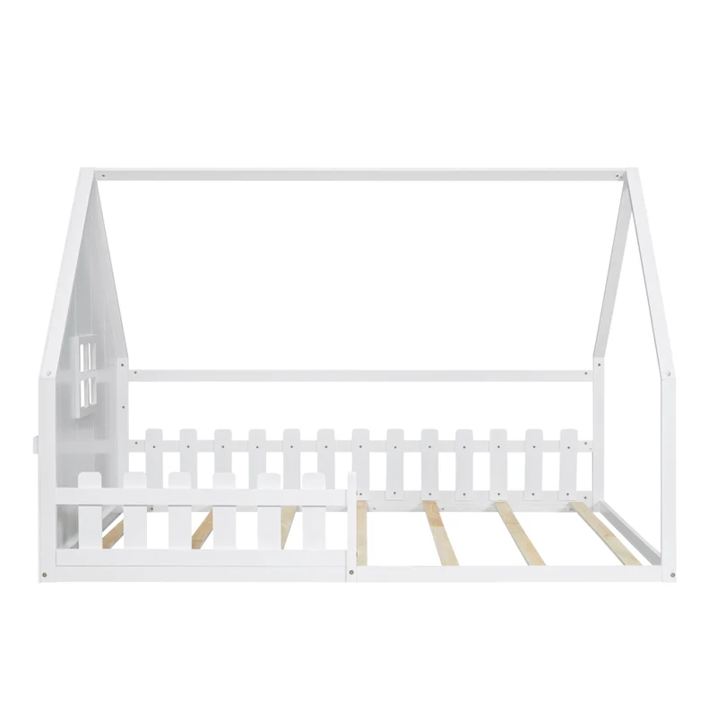 Letto casetta per bambini 140x200 cm in pino e MDF; bianco; con sponda protettiva
