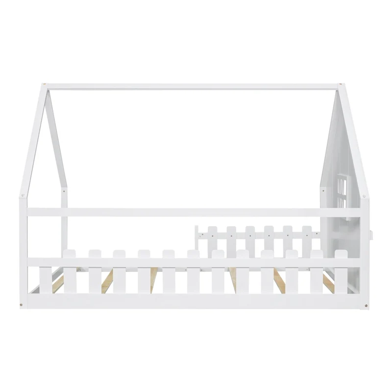 Letto casetta per bambini 140x200 cm in pino e MDF; bianco; con sponda protettiva