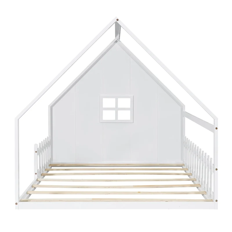 Letto casetta per bambini 140x200 cm in pino e MDF; bianco; con sponda protettiva