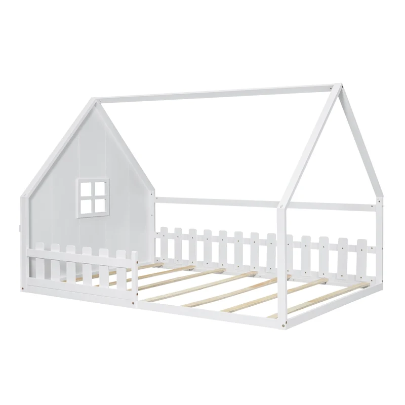 Letto casetta per bambini 140x200 cm in pino e MDF; bianco; con sponda protettiva