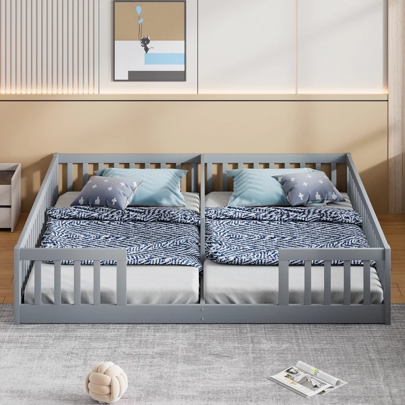 Letto doppio per due bambini 90x200 cm in pino e MDF; grigio; con sponde di sicurezza