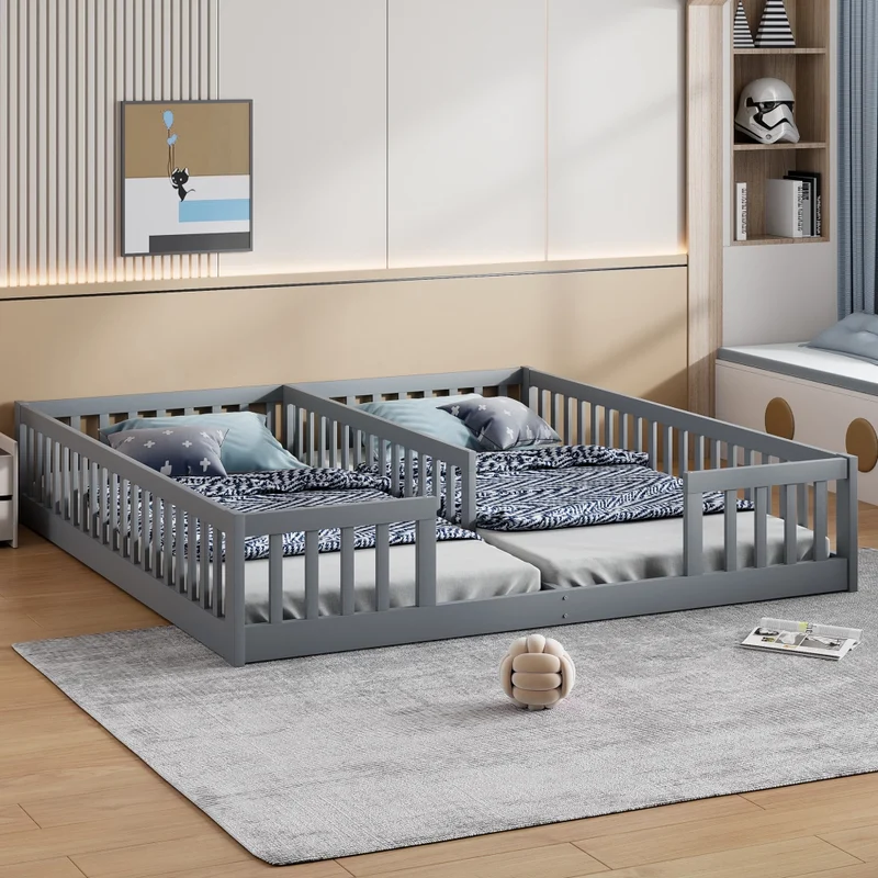 Letto doppio per due bambini 90x200 cm in pino e MDF; grigio; con sponde di sicurezza