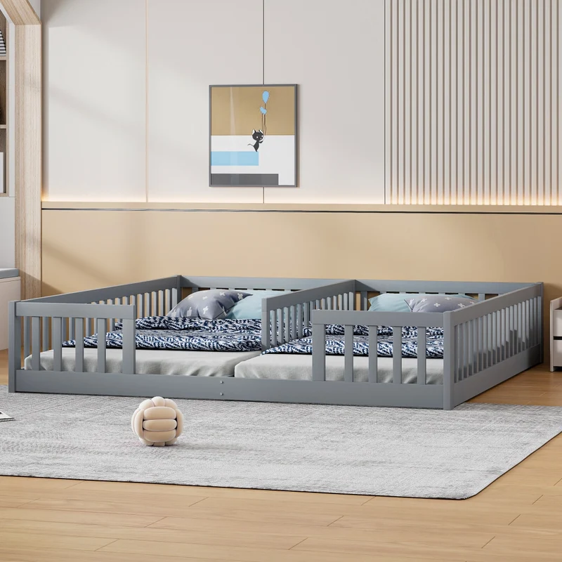 Letto doppio per due bambini 90x200 cm in pino e MDF; grigio; con sponde di sicurezza