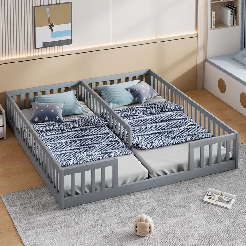 Letto doppio per due bambini 90x200 cm in pino e MDF; grigio; con sponde di sicurezza