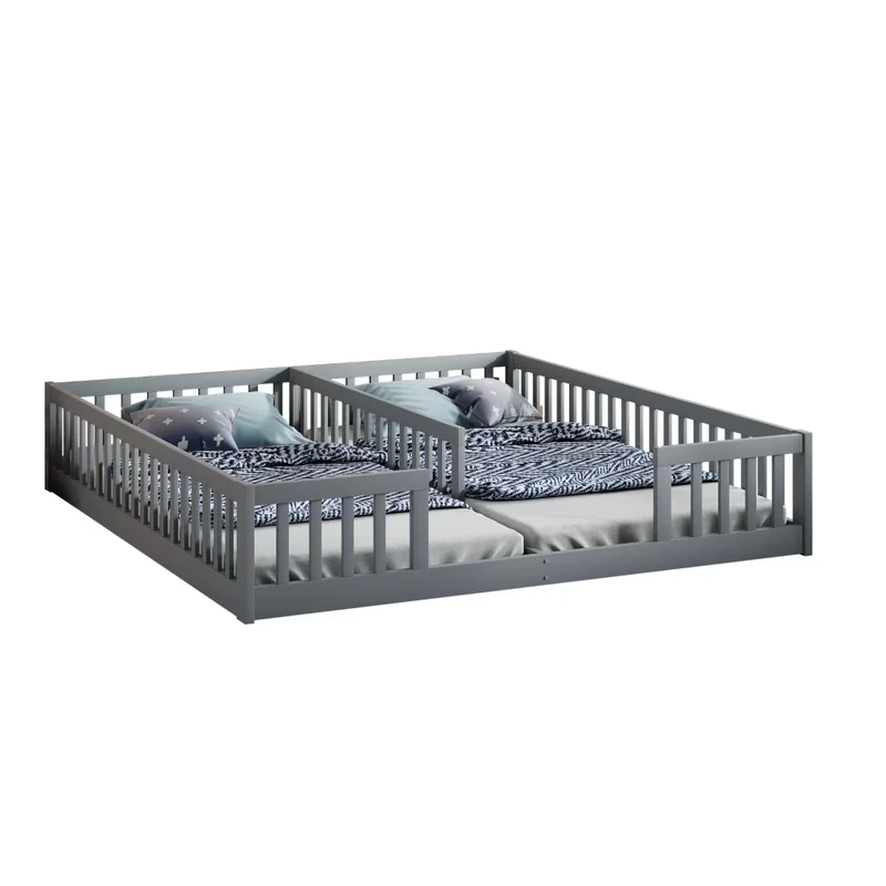 Letto doppio per due bambini 90x200 cm in pino e MDF; grigio; con sponde di sicurezza