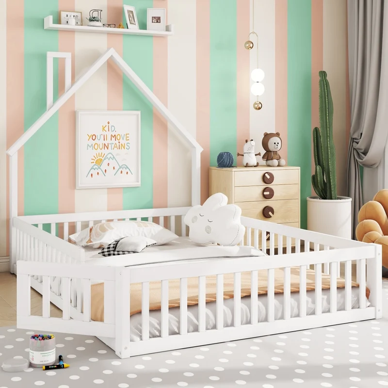 Letto per bambini 140 x 200 cm a forma di camino; in pino e MDF bianco per cameretta