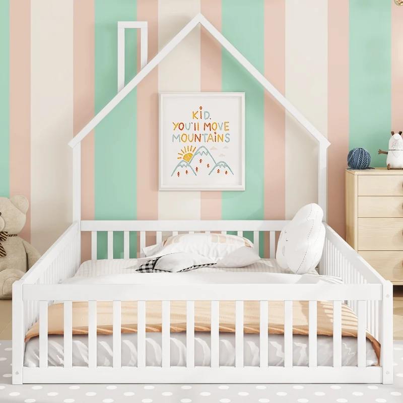 Letto per bambini 140 x 200 cm a forma di camino; in pino e MDF bianco per cameretta