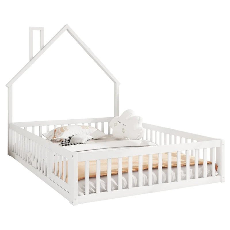 Letto per bambini 140 x 200 cm a forma di camino; in pino e MDF bianco per cameretta