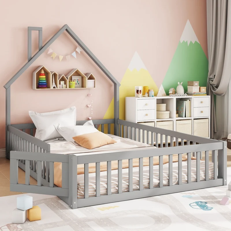 Letto per bambini 140 x 200 cm a forma di camino con sponde; rete a doghe e struttura in pino e MDF; grigio