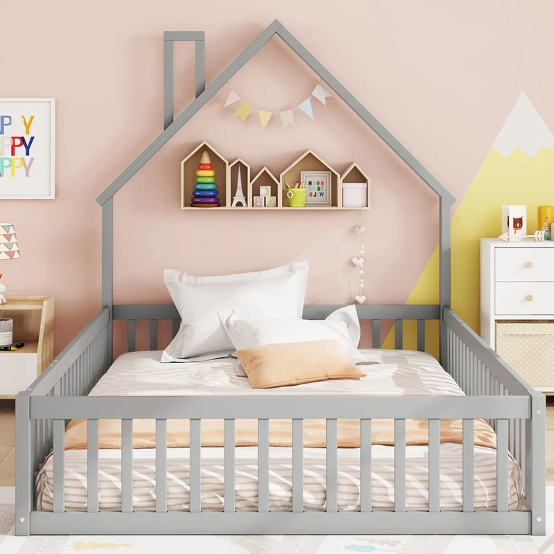Letto per bambini 140 x 200 cm a forma di camino con sponde; rete a doghe e struttura in pino e MDF; grigio