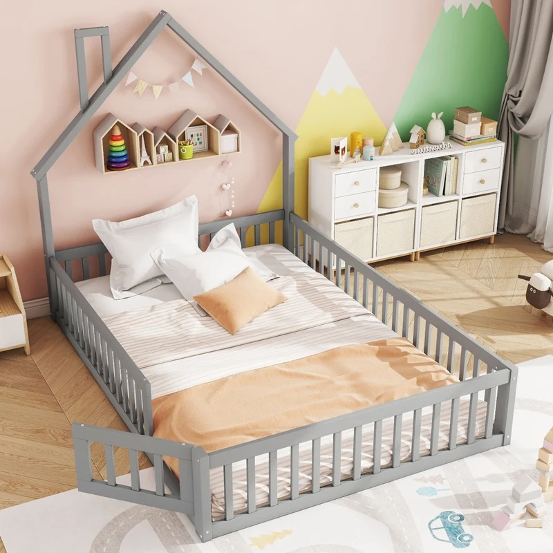 Letto per bambini 140 x 200 cm a forma di camino con sponde; rete a doghe e struttura in pino e MDF; grigio