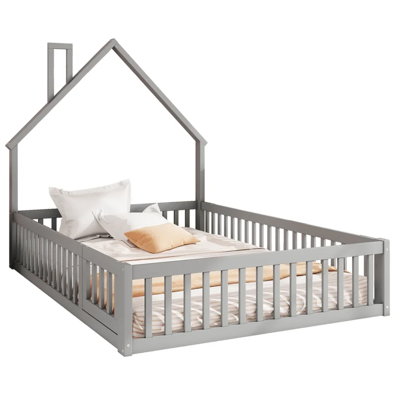 Letto per bambini 140 x 200 cm a forma di camino con sponde; rete a doghe e struttura in pino e MDF; grigio