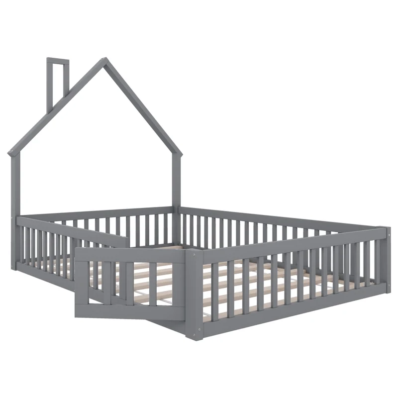 Letto per bambini 140 x 200 cm a forma di camino con sponde; rete a doghe e struttura in pino e MDF; grigio