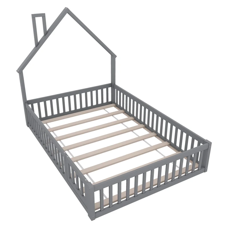 Letto per bambini 140 x 200 cm a forma di camino con sponde; rete a doghe e struttura in pino e MDF; grigio