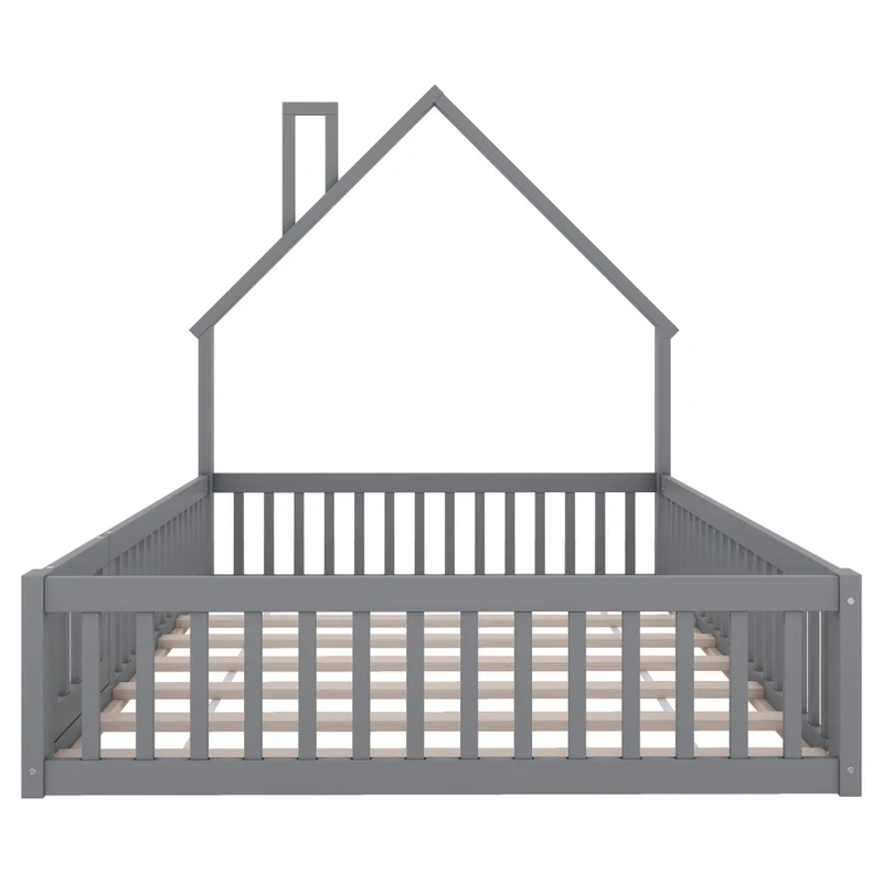 Letto per bambini 140 x 200 cm a forma di camino con sponde; rete a doghe e struttura in pino e MDF; grigio