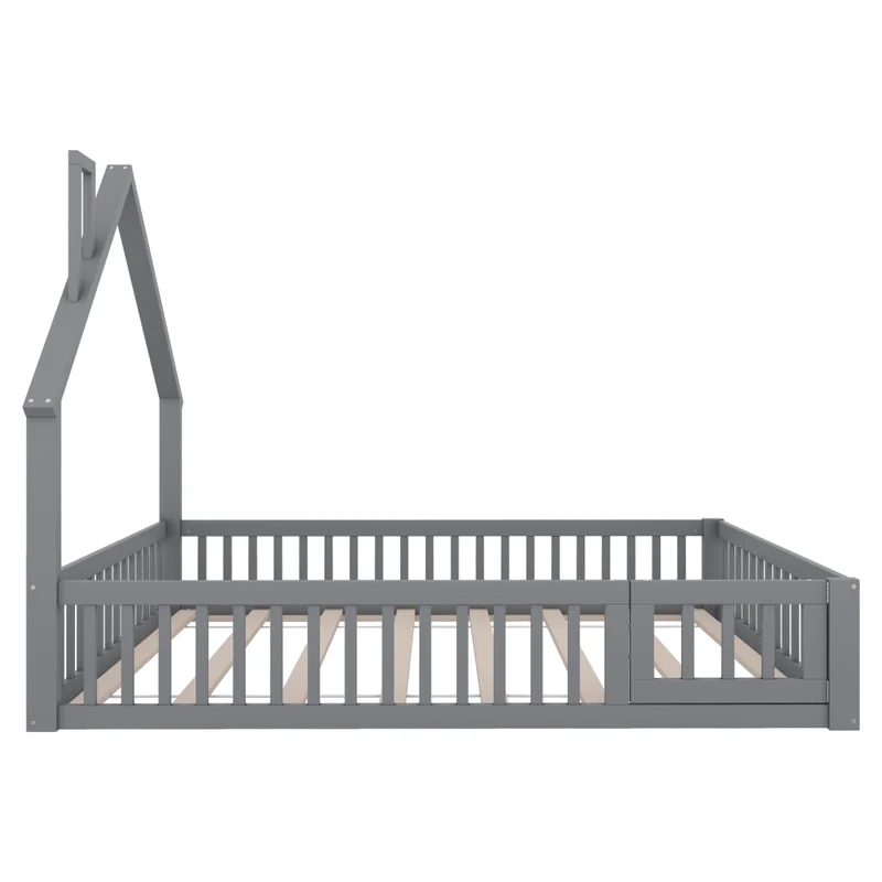 Letto per bambini 140 x 200 cm a forma di camino con sponde; rete a doghe e struttura in pino e MDF; grigio