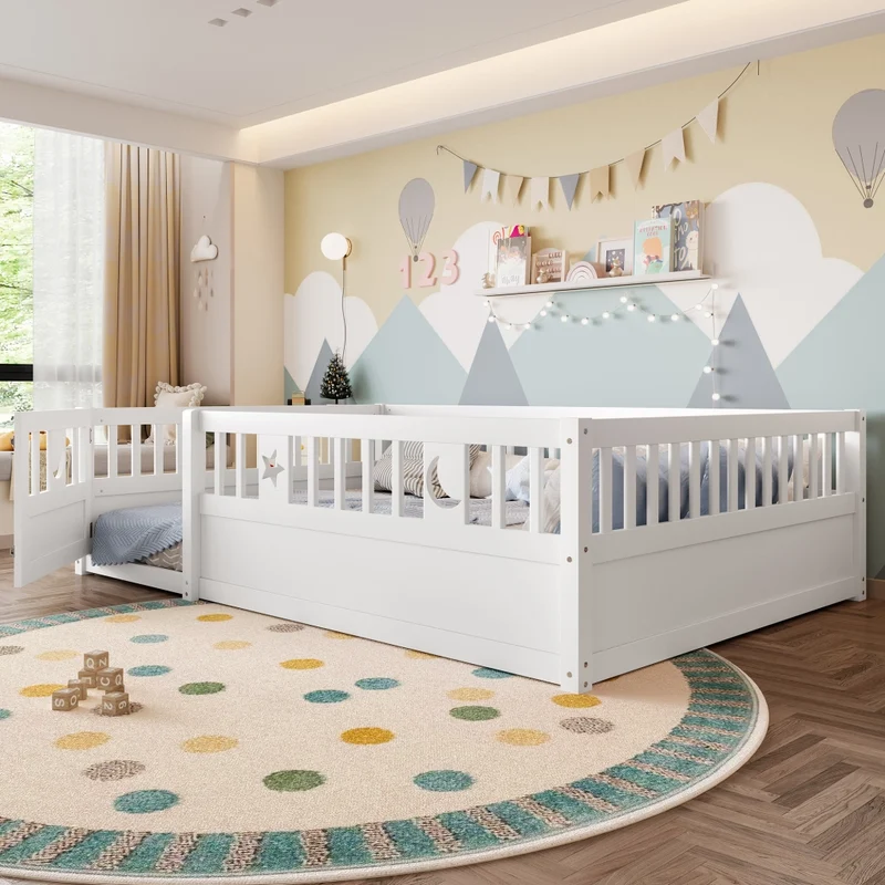Letto per bambini 140 x 190 cm con sponde di sicurezza; legno di pino bianco e decorazioni stelle e luna