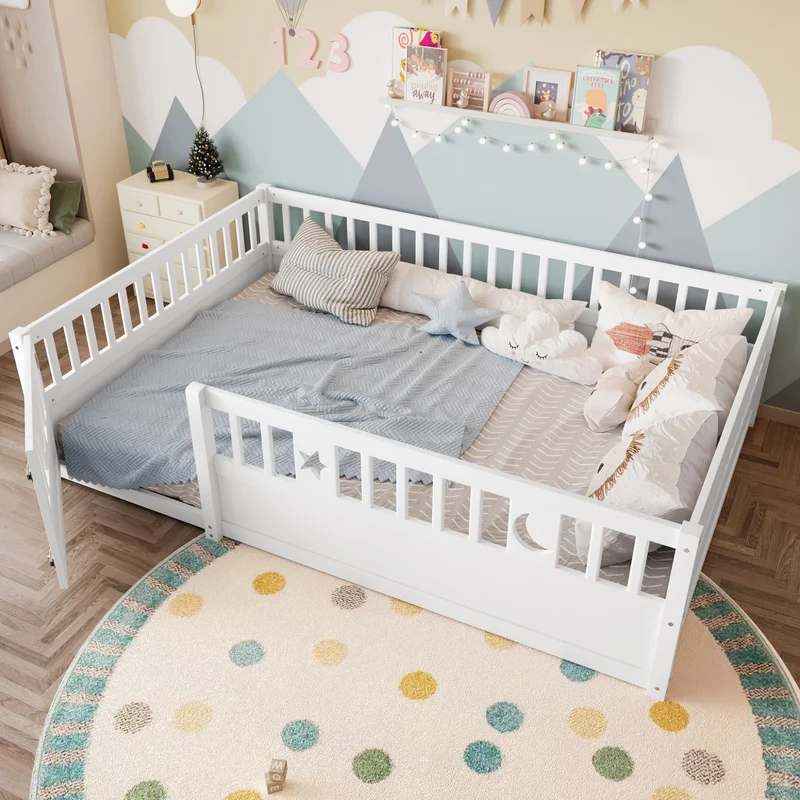 Letto per bambini 140 x 190 cm con sponde di sicurezza; legno di pino bianco e decorazioni stelle e luna