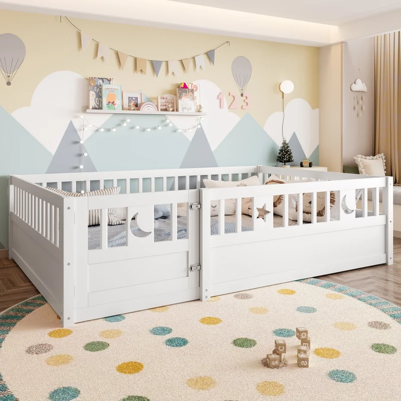 Letto per bambini 140 x 190 cm con sponde di sicurezza; legno di pino bianco e decorazioni stelle e luna